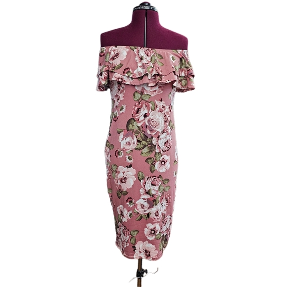 Hello Miss Ruffled Off-Shoulder Bodycon Floral Stretch Midi Dress Womens - Picture 4 of 11